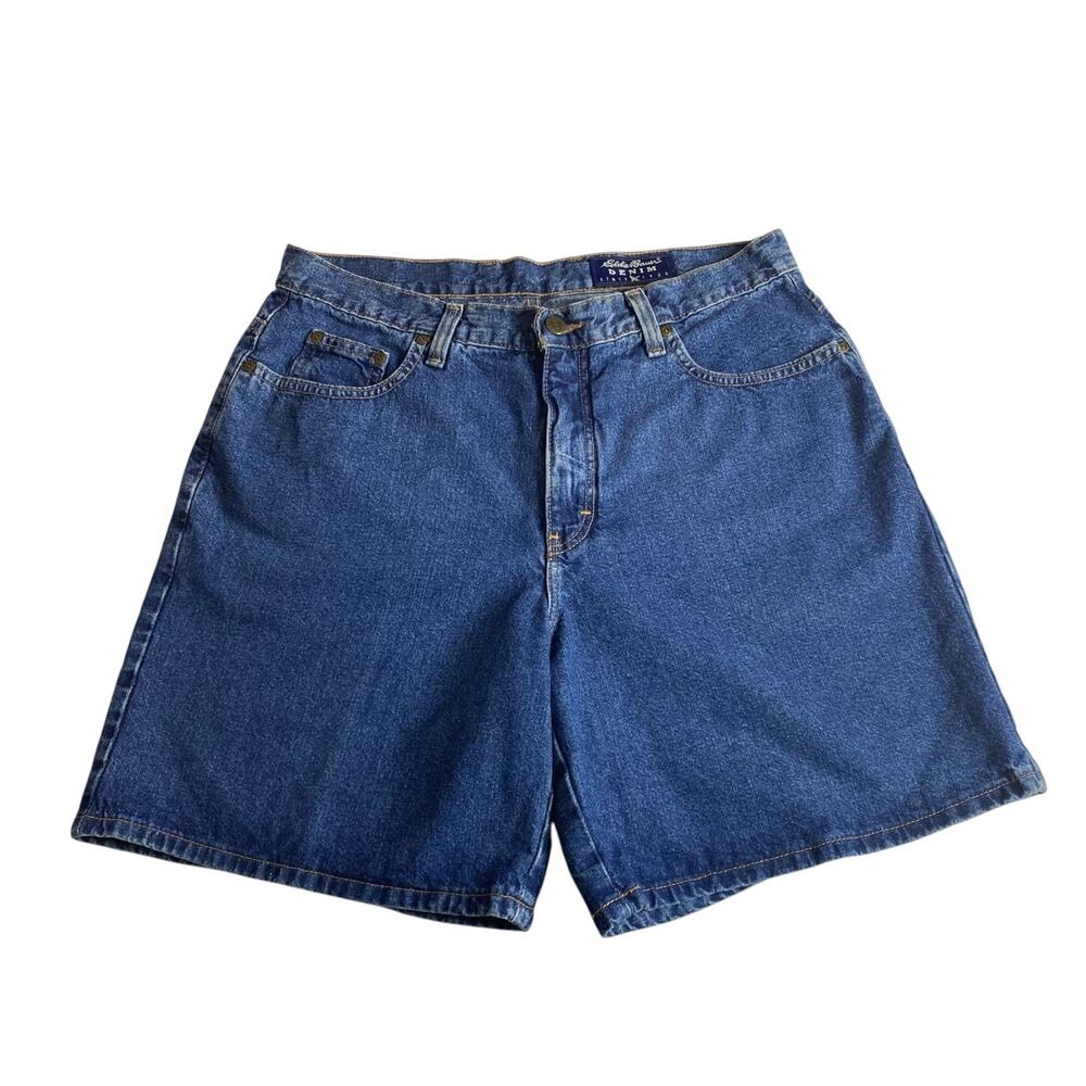 Vintage 90s Eddie Bauer Womens 14 Denim Bermuda Shorts Blue High Rise Mom Jean - Picture 2 of 13